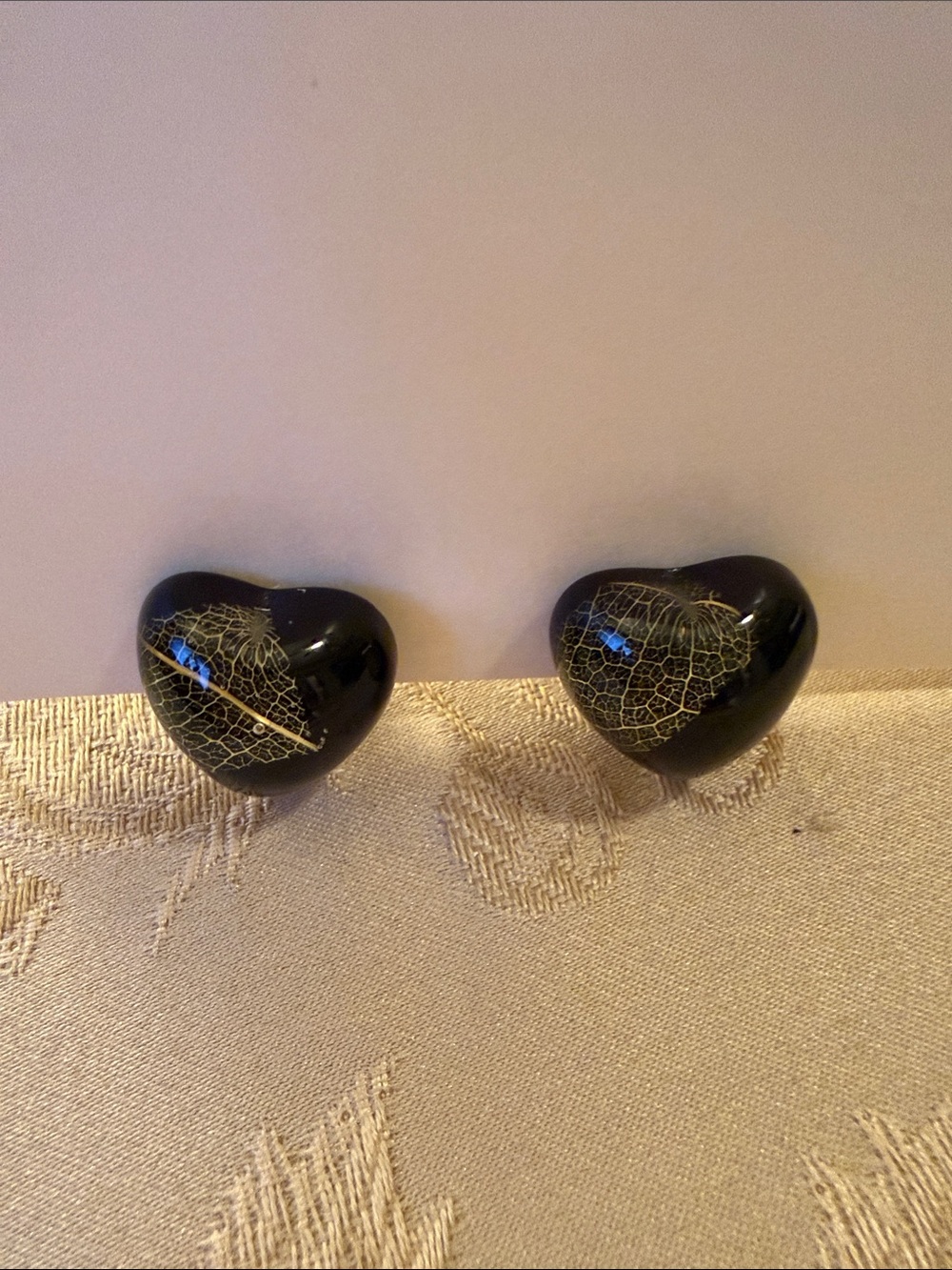Pair of Black Heart Acrylic Earrings with Gold Leaf Vein Detail - Picture 1 of 5